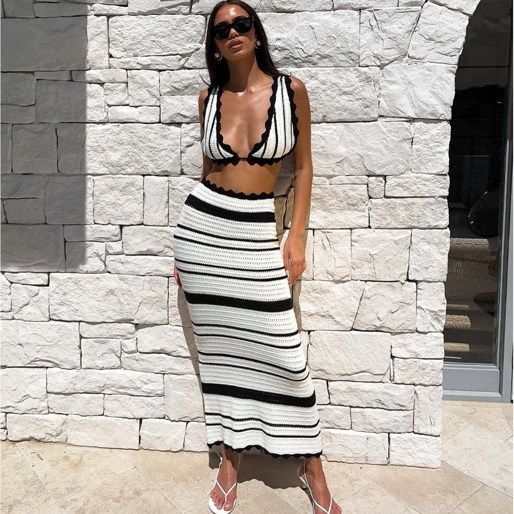 Commense Knit Maxi Skirt Set Women Small Black White New Striped‎ Resortwear
